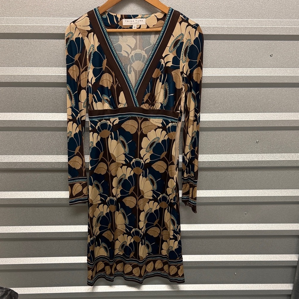 Trina Turk Women VTG Floral 100% Silk Long Sleeve Dress Size 2 Coquette Girl 90s